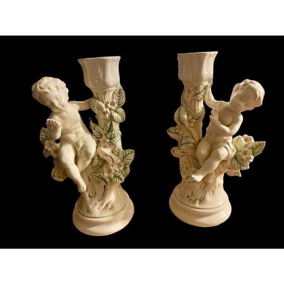10.5” Holland Mold Vintage Pair of Victorian Ceramic Cherub Candle Holders - Picture 8 of 9